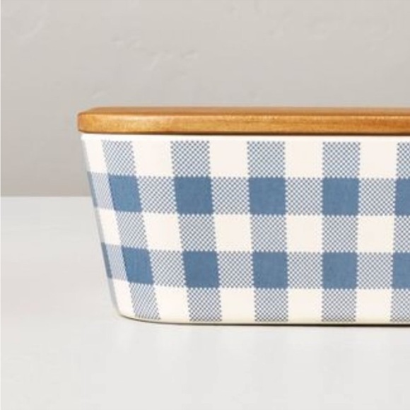 Hearth & Hand Magnolia Gingham Bamboo-Melamine Bento Box Wood Lid Blue/Cream - Picture 3 of 7